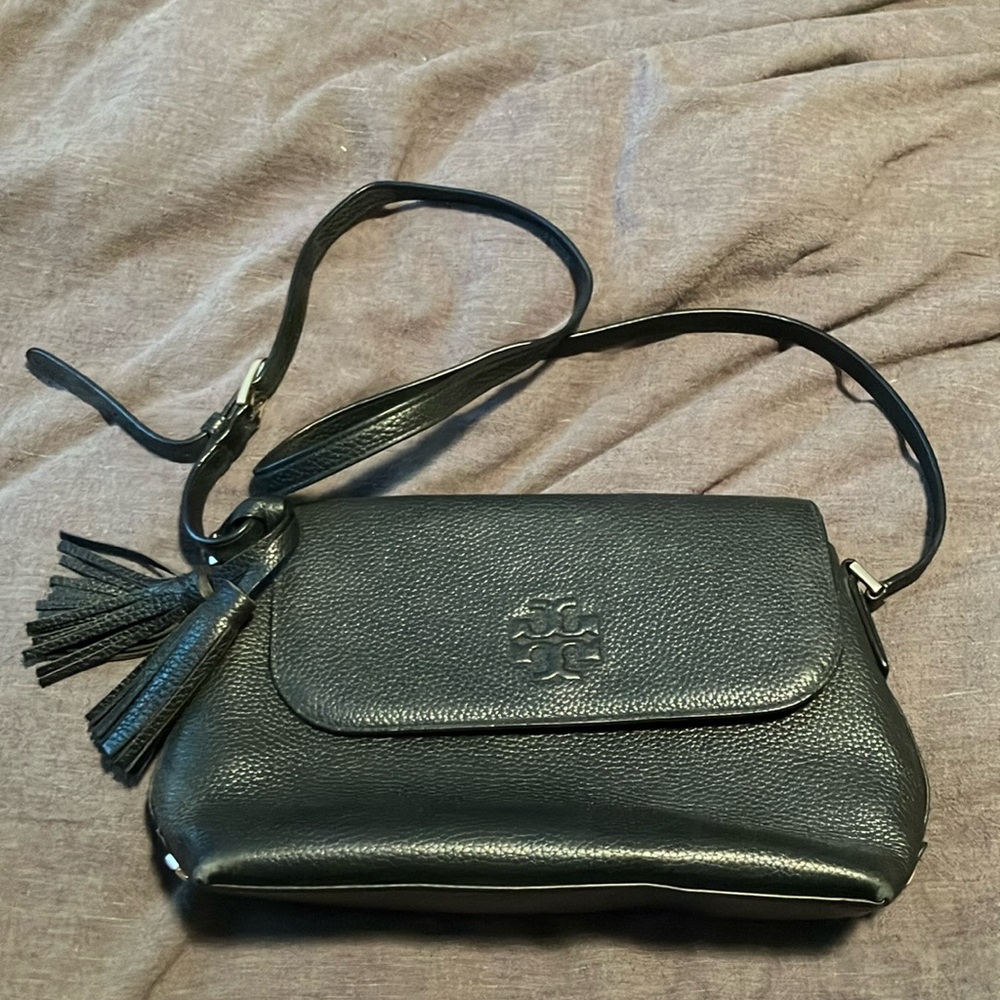 Tory Burch Black Pebbled Leather Flap Crossbody with Tassel